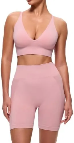 evercute 2 piece matching workout set for women cute v neck sports bra high waisted butt lifting gym shorts seamless yoga set