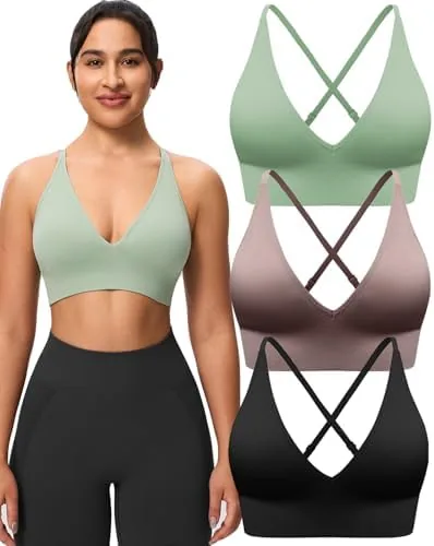 evercute womens sports bras 34 pack adjustable deep v neck bras wireless spaghetti strap criss cross padded low support bra